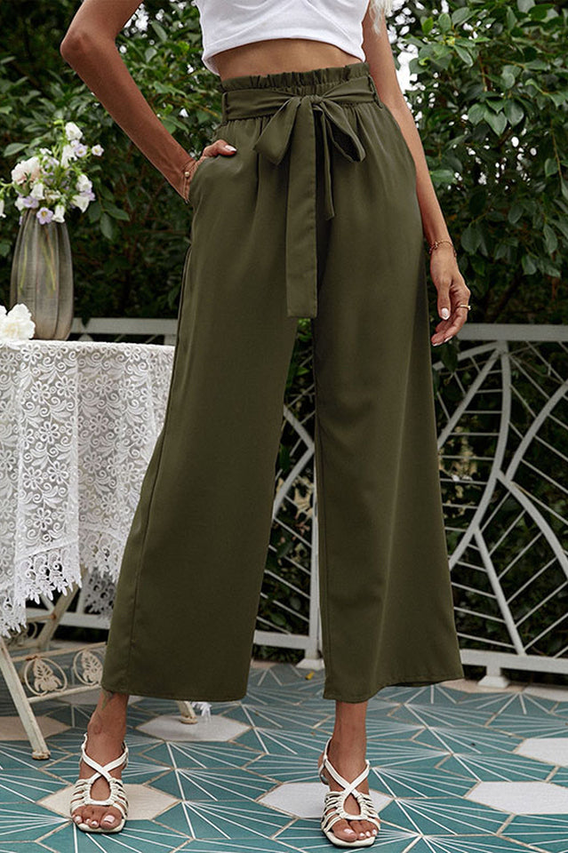 Basic Wide Leg Pants With Belt and Pockets