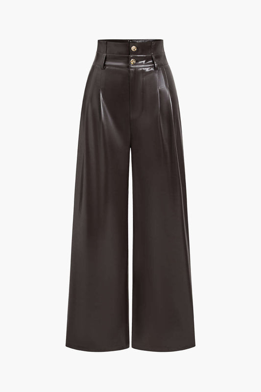 Faux Leather High Waist Trousers - Loose Fit Style