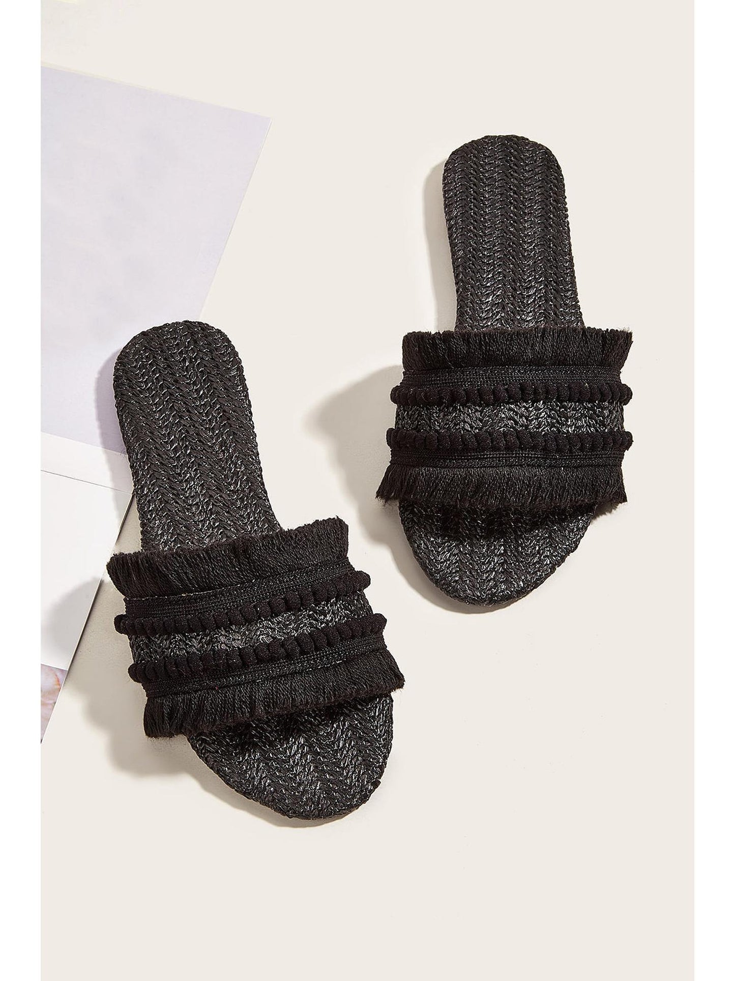 Fringe Slippers with Straw Upper and Rubber Sole