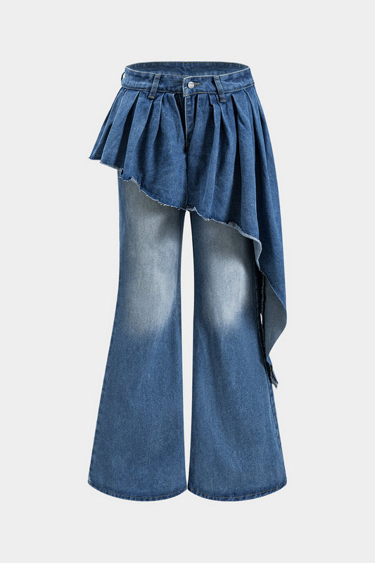 Denim Pleated Button Patchwork Flared Leg Jeans