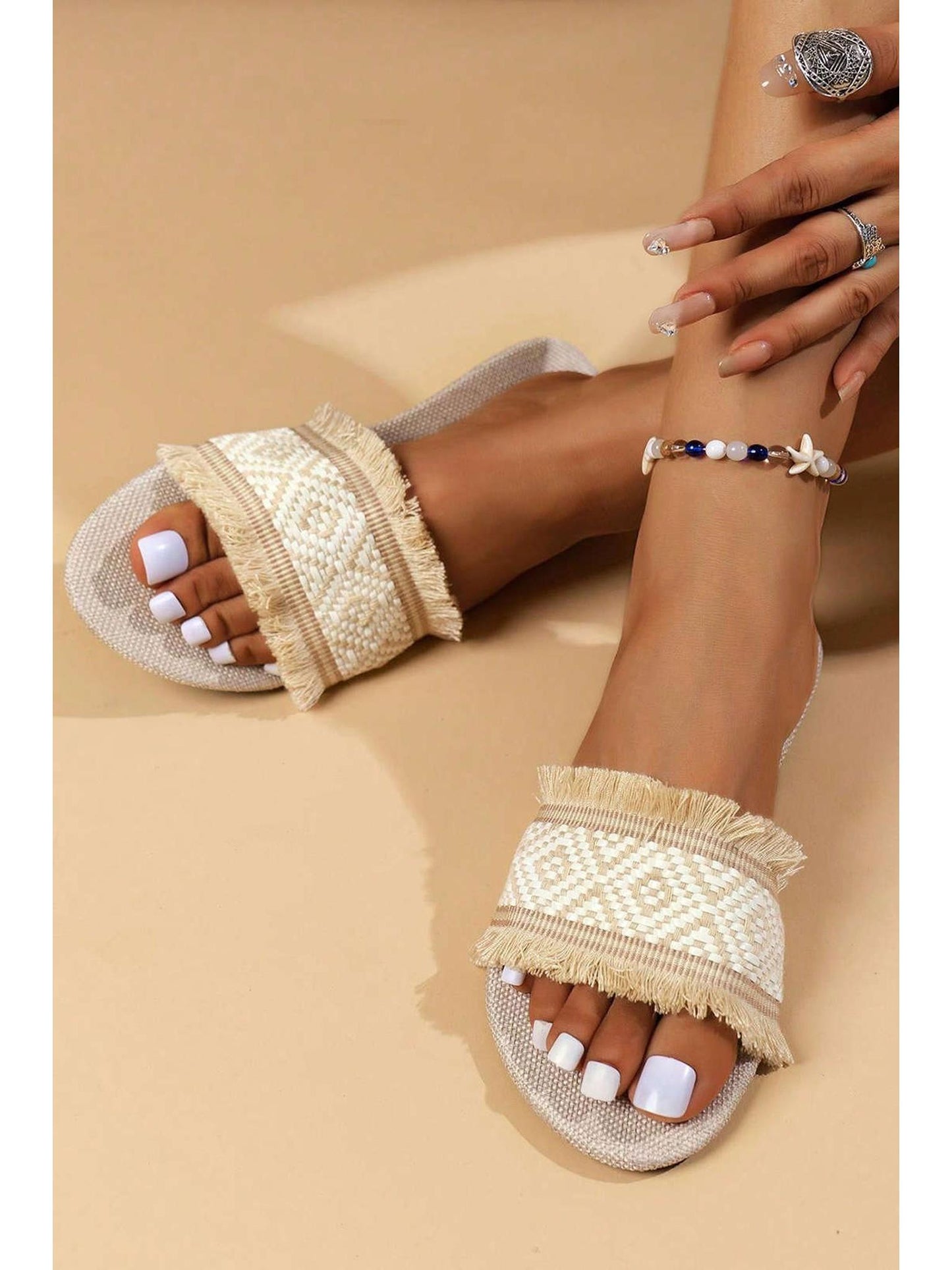 Fringed Weave Beach Slides in Linen Fabric