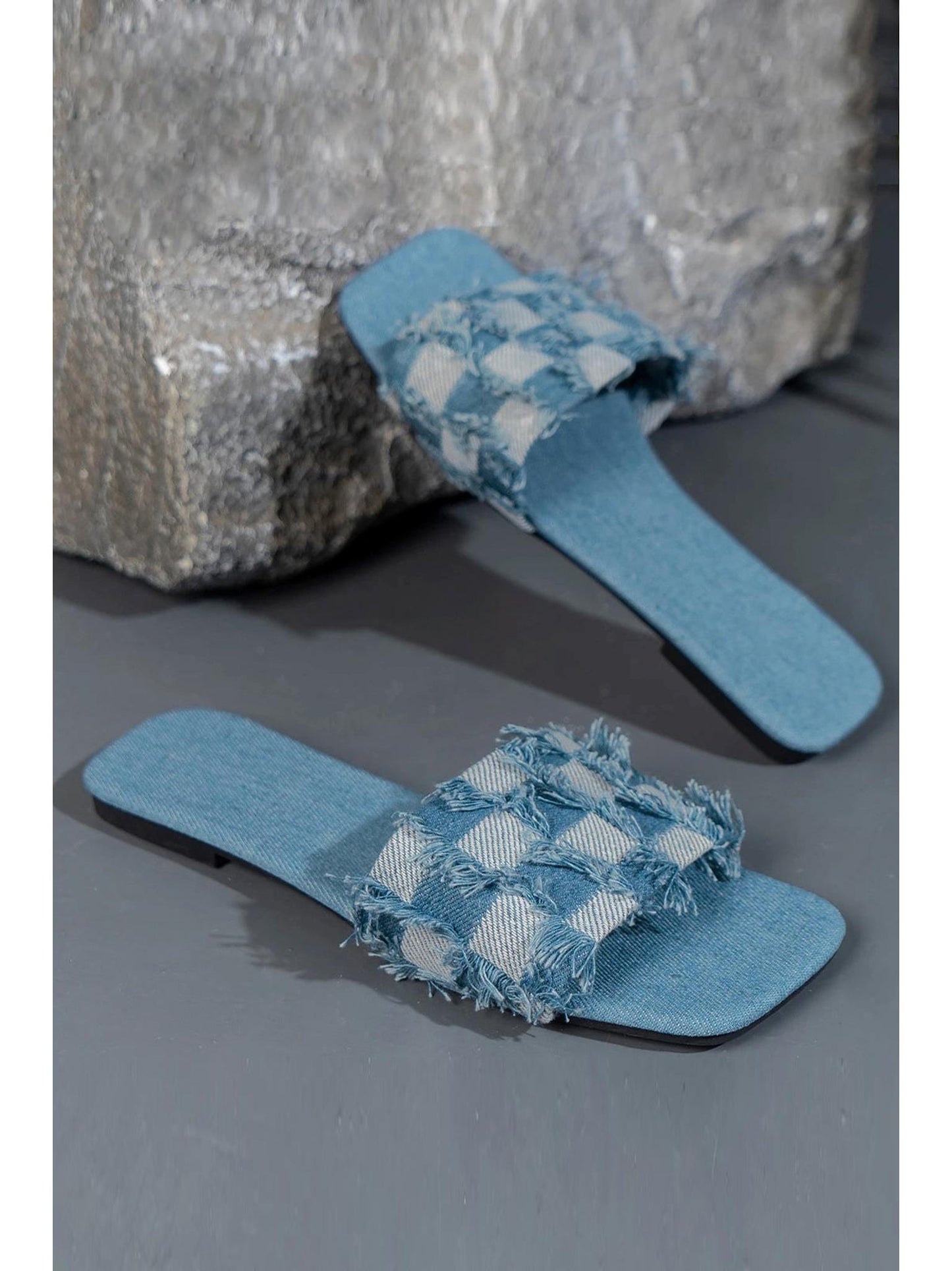 Plaid Frayed Denim Slippers for Cozy Comfort