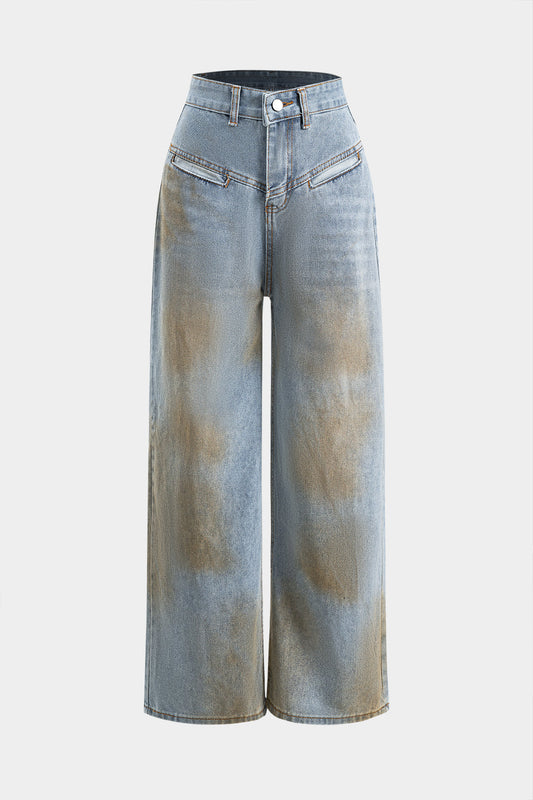 Dirty Denim Pocket Button Wide Leg Jeans