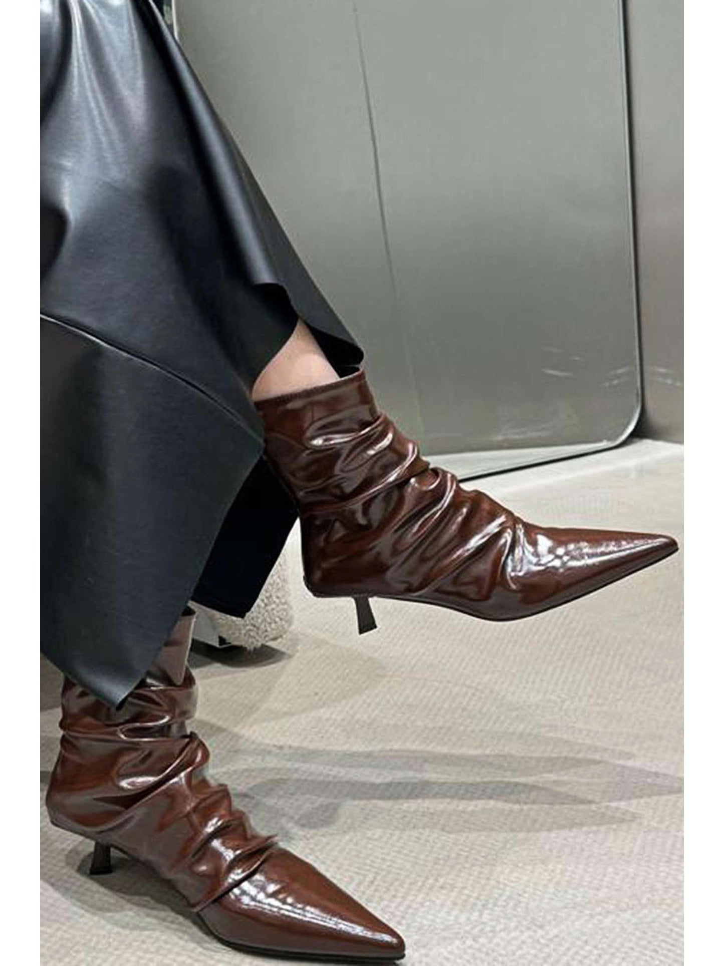 Wrinkled Faux Leather Pointed Ankle Boots for Chic Style