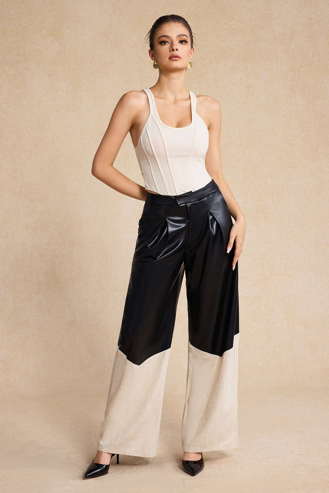 Faux Leather Linen High Waist Trousers