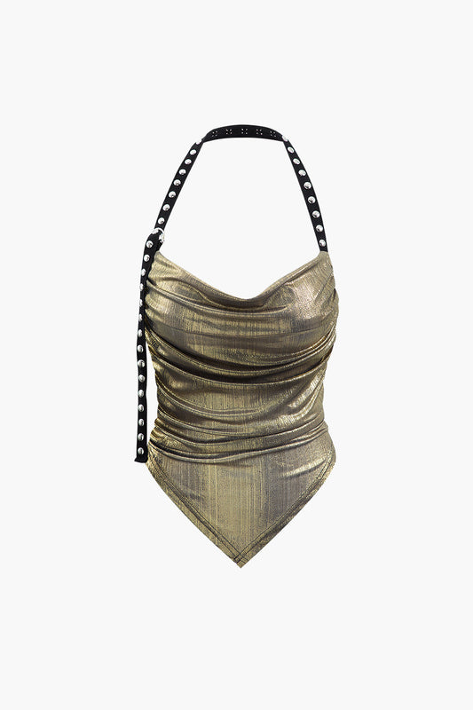 Metallic Faux Leather V-hem Halter Top