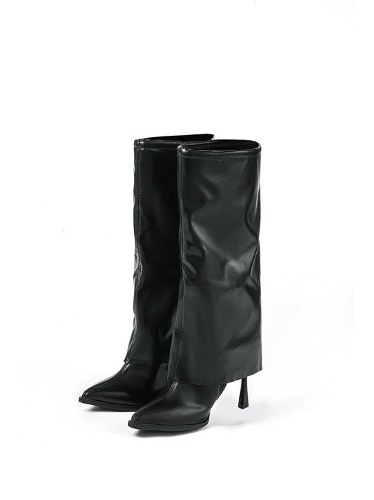 Faux Leather Pointed Toe Knee High Boots