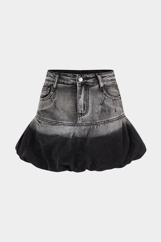 Denim Pocket Button Puff Skirt in Casual Style