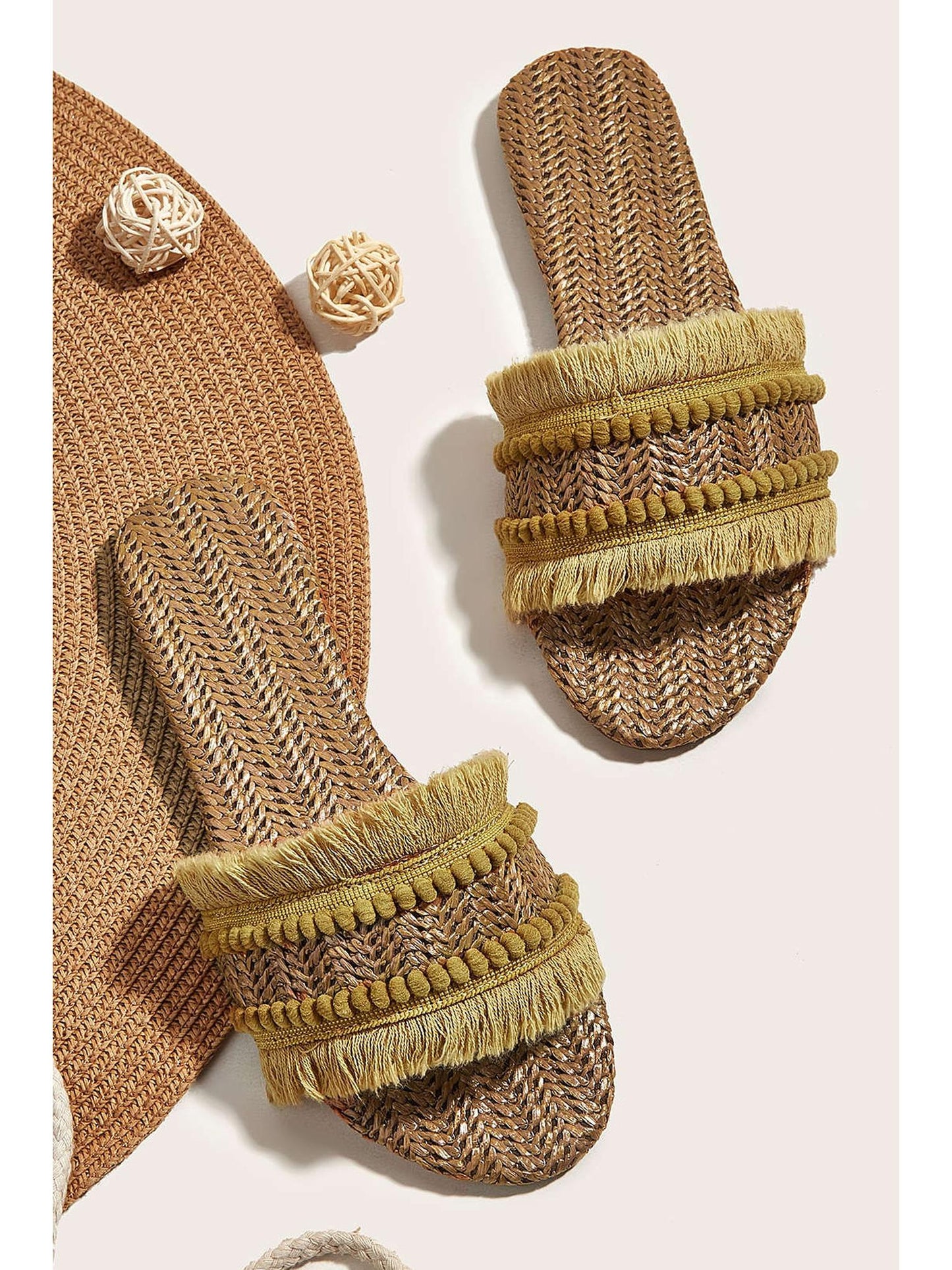 Fringe Slippers with Straw Upper and Rubber Sole