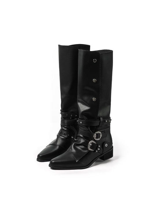 Retro Faux Leather Studded Knee High Boots