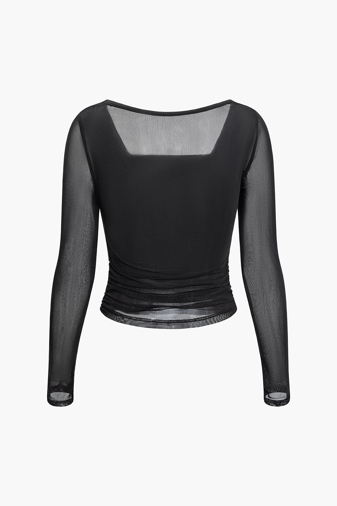 Mesh Ruched Sheer Cowl Neck Long-Sleeve Top