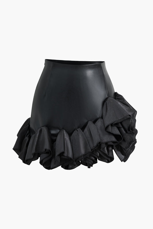 Faux Leather Ruffle Mini Skirt in Satin Finish