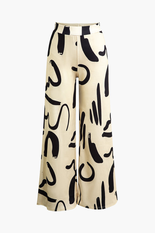 Abstract Print Wide Leg Pants in Chiffon Fabric