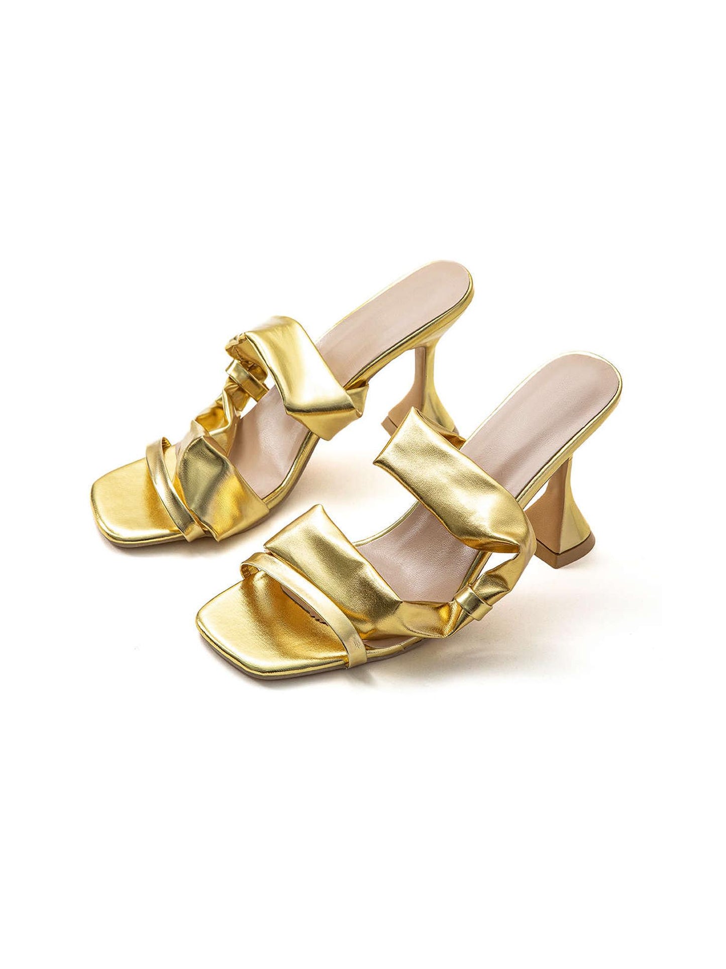 Metallic Ruched Square-Toe High Heels Sandals