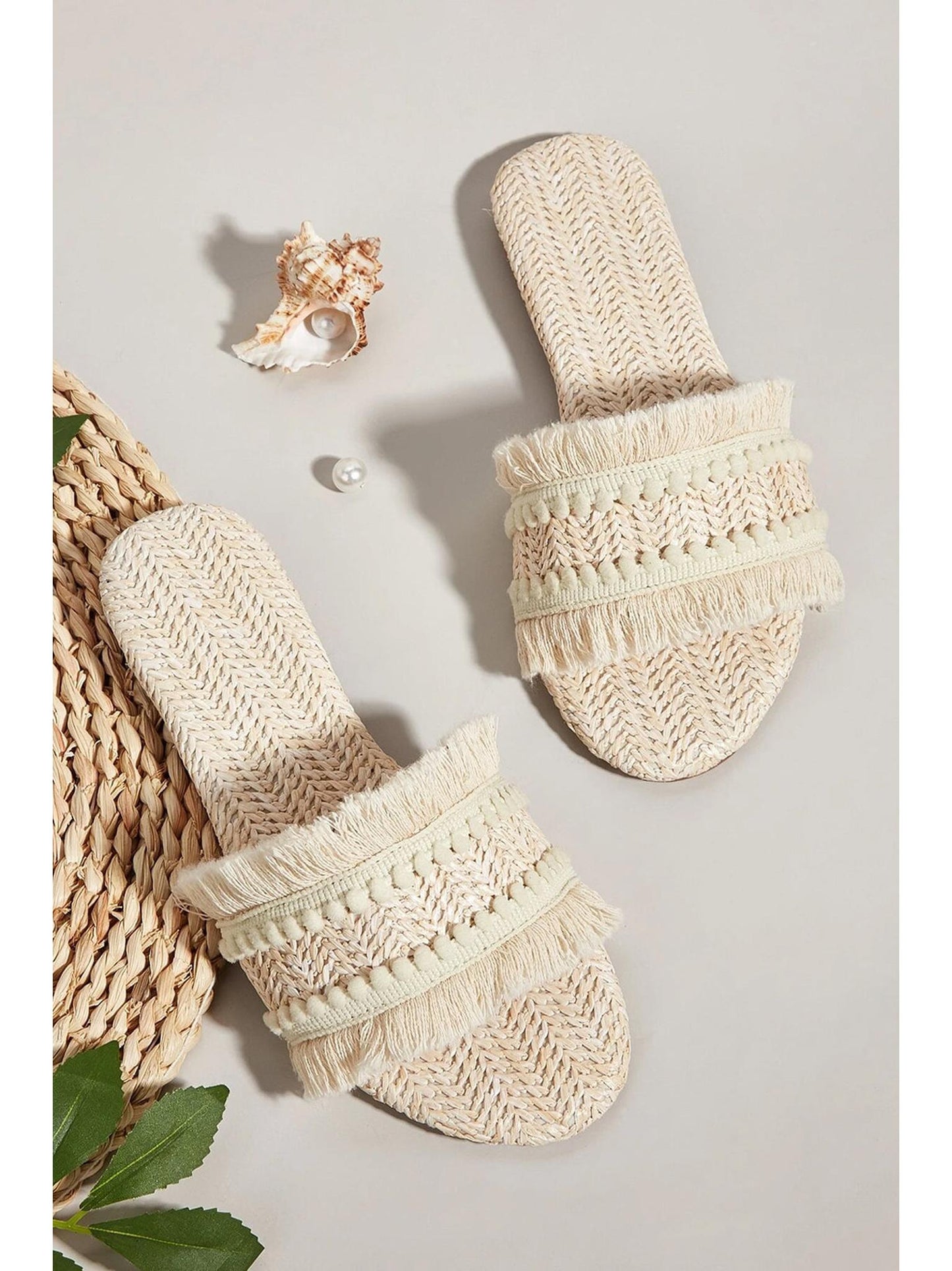 Fringe Slippers with Straw Upper and Rubber Sole