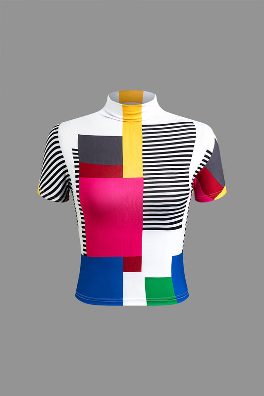 Color Block Patchwork Mock Neck T-shirt for Casual Style