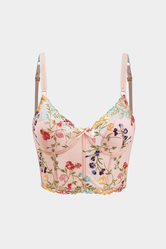 Mesh Floral Embroidery Bustier Cami Top