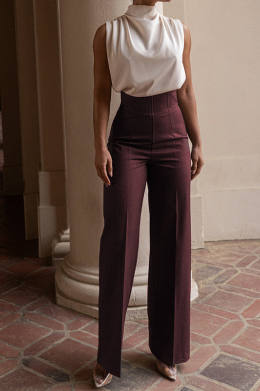 Basic High-Waisted Wide Leg Trousers in Twill Fabric