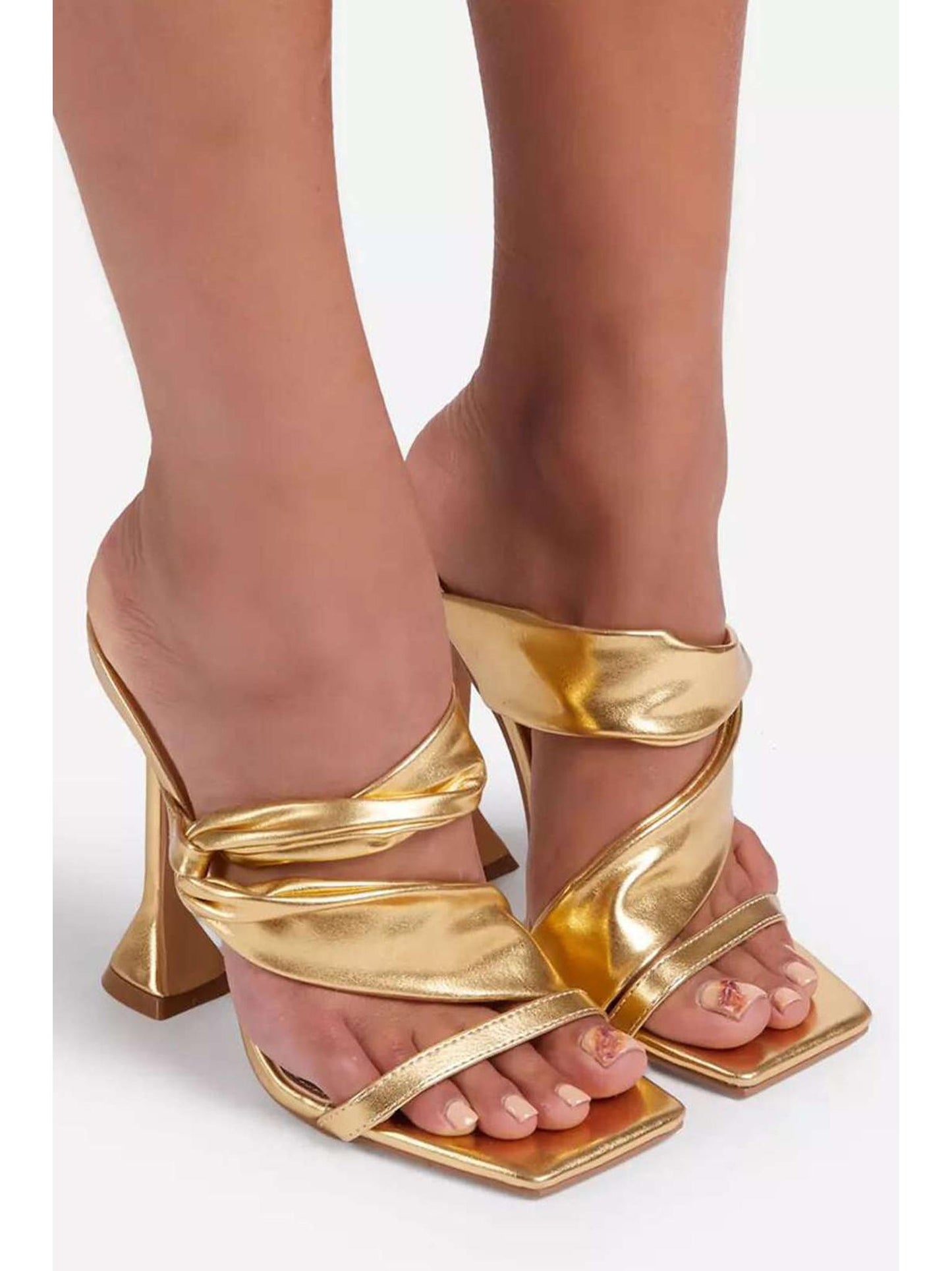 Metallic Ruched Square-Toe High Heels Sandals