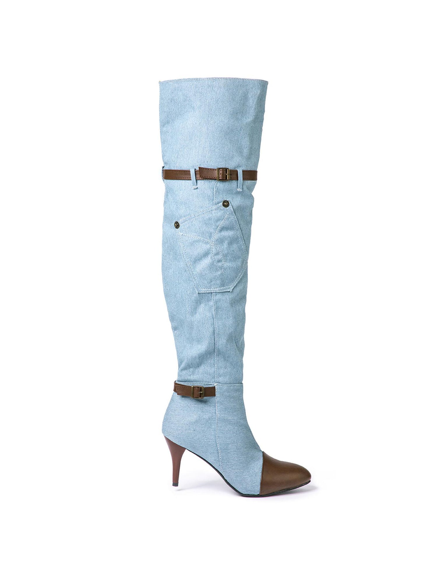 Denim Patchwork High Heel Almond Toe Boots