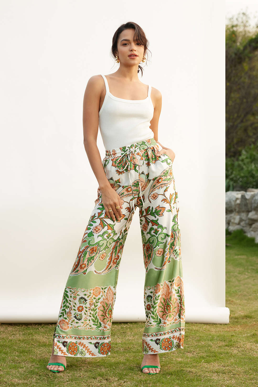 Floral Print Drawstring Wide Leg Pants