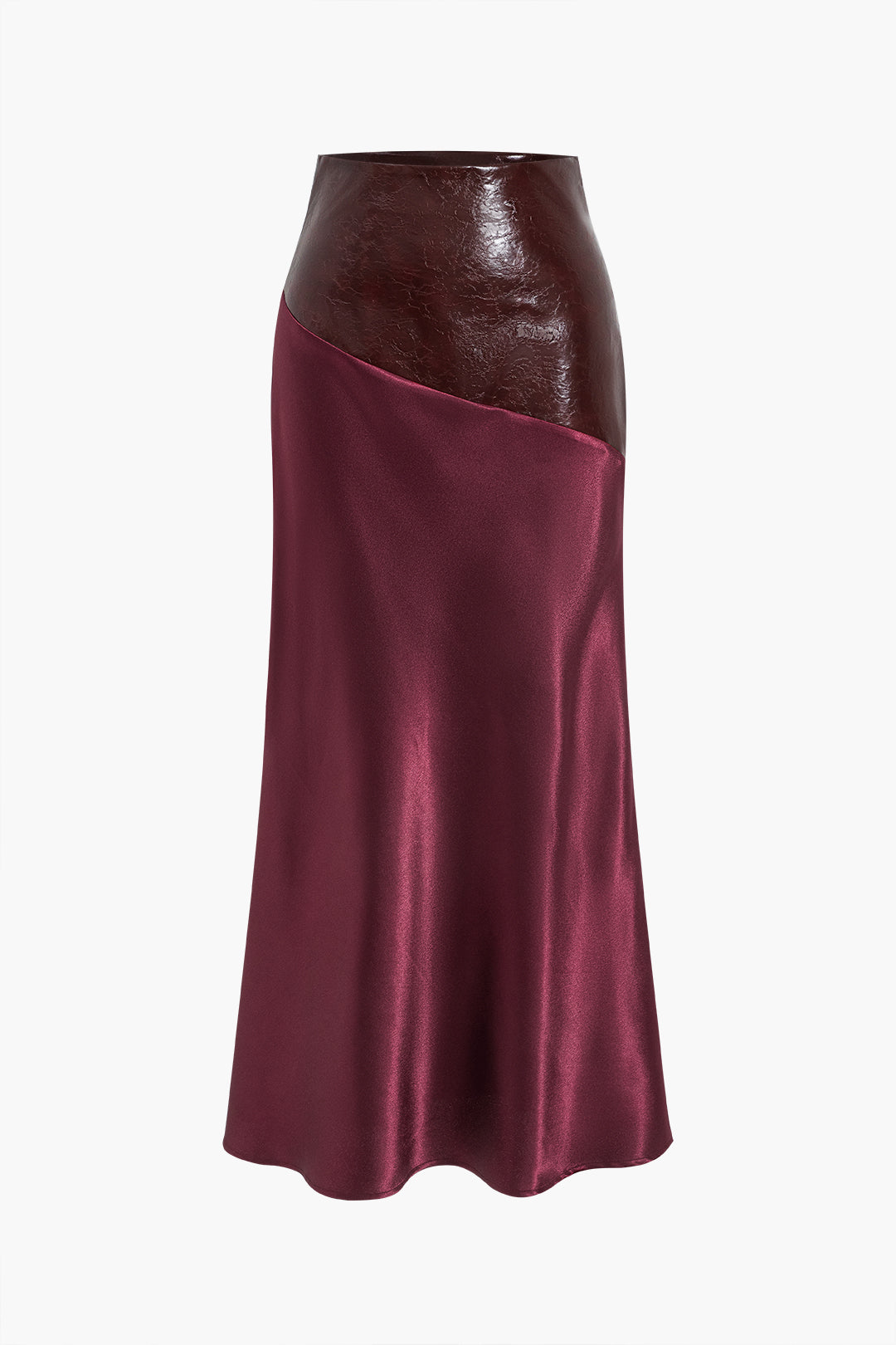 Satin Patchwork Faux Leather Asymmetrical Skirt