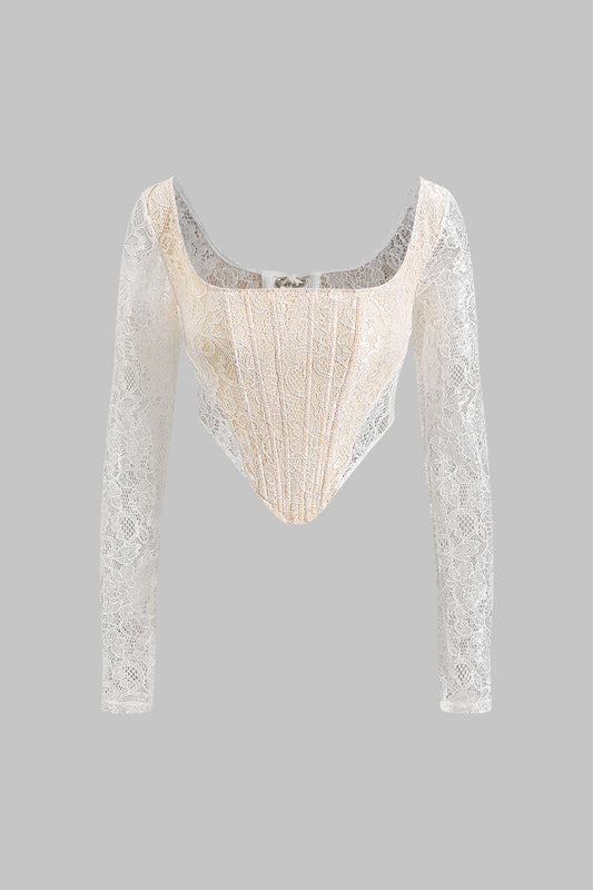 Lace Tie Back Sheer Corset Long-Sleeve Top