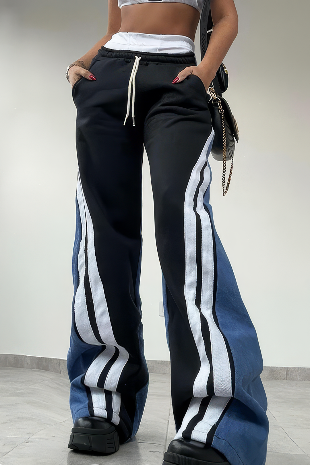 Stripes Print Patchwork Trousers for Casual Style