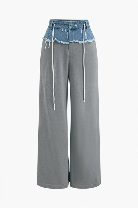 Denim Patchwork Wide Leg Trousers for Casual Style