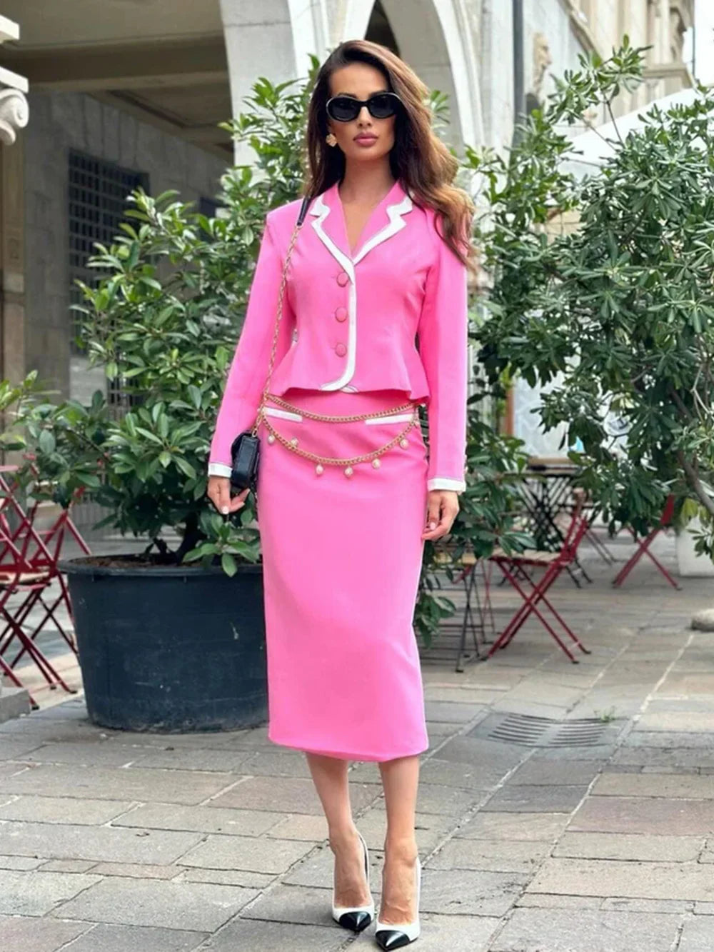 Elegant Pink Chain Blazer and Midi Skirt Set