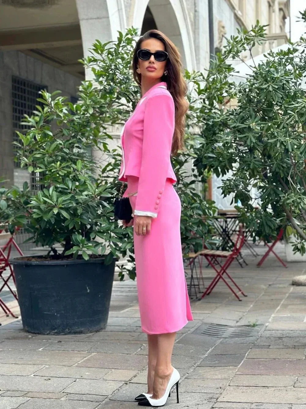 Elegant Pink Chain Blazer and Midi Skirt Set