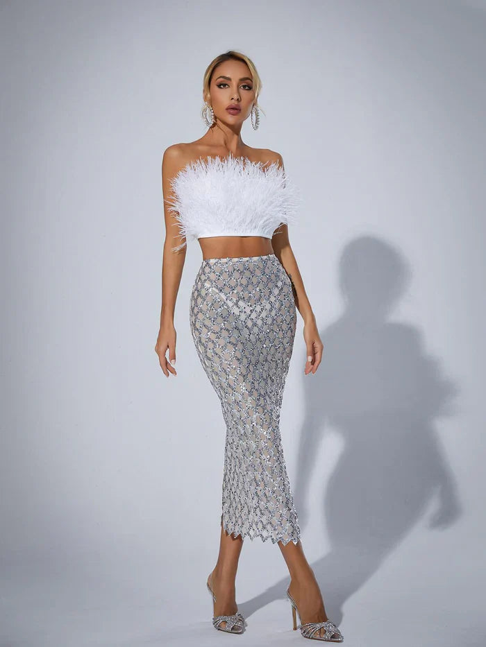 Mareli Two Piece Feathered Bodycon Set