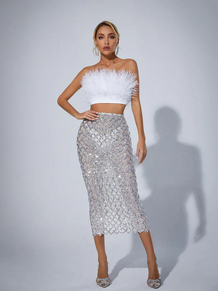 Mareli Two Piece Feathered Bodycon Set