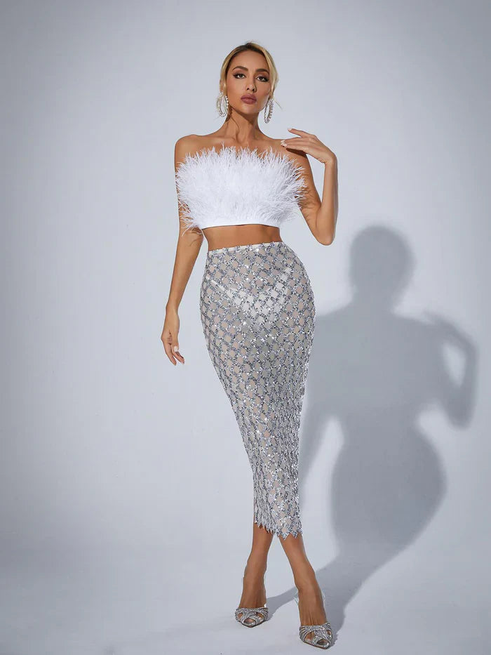 Mareli Two Piece Feathered Bodycon Set