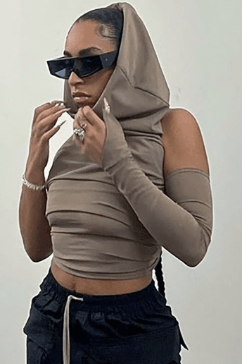 Cropped Backless Single-Sleeve Hooded Top