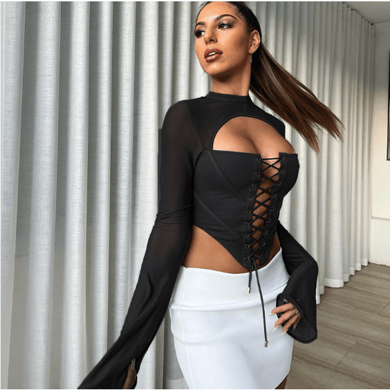 Round Neck Long Sleeve Backless Mesh Bodycon Top