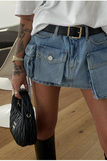 Cargo Pocket Denim Skirt with Front Pockets