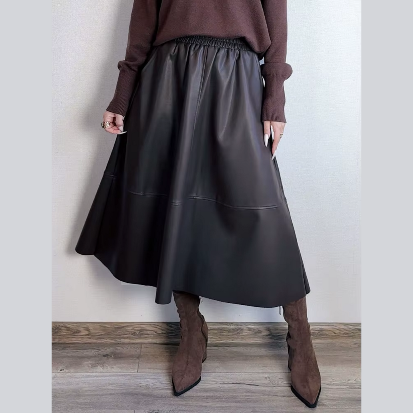 Faux Leather A-Line Midi Skirt with Pockets