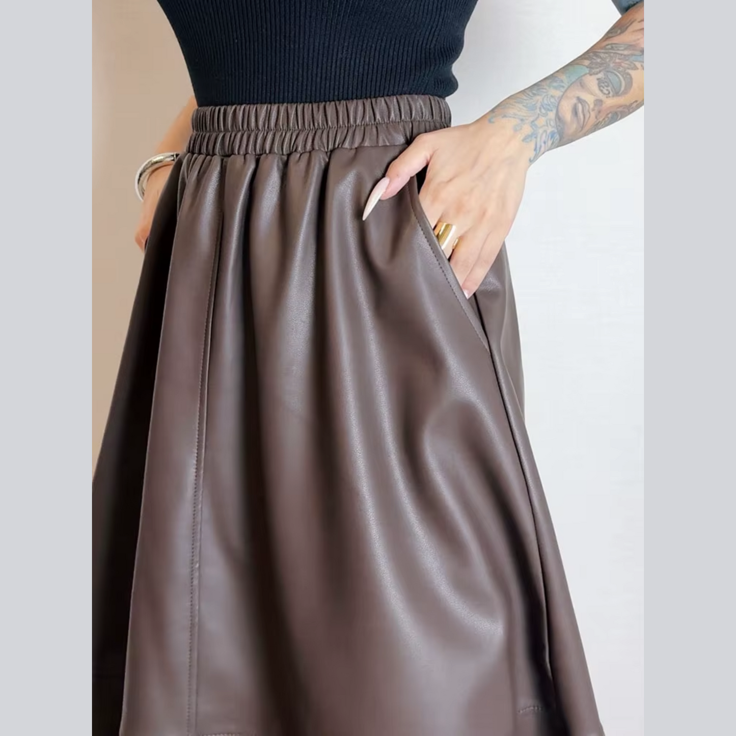 Faux Leather A-Line Midi Skirt with Pockets