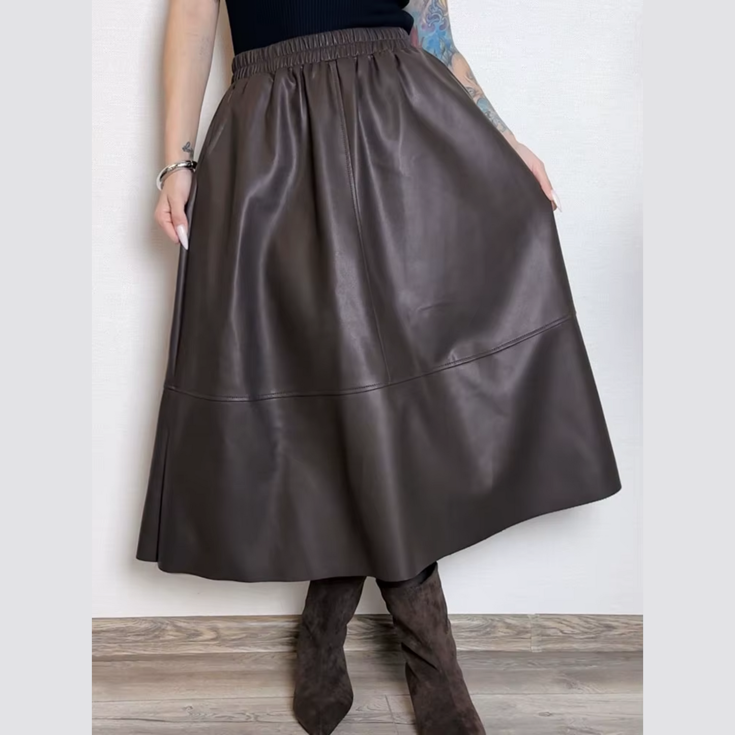 Faux Leather A-Line Midi Skirt with Pockets