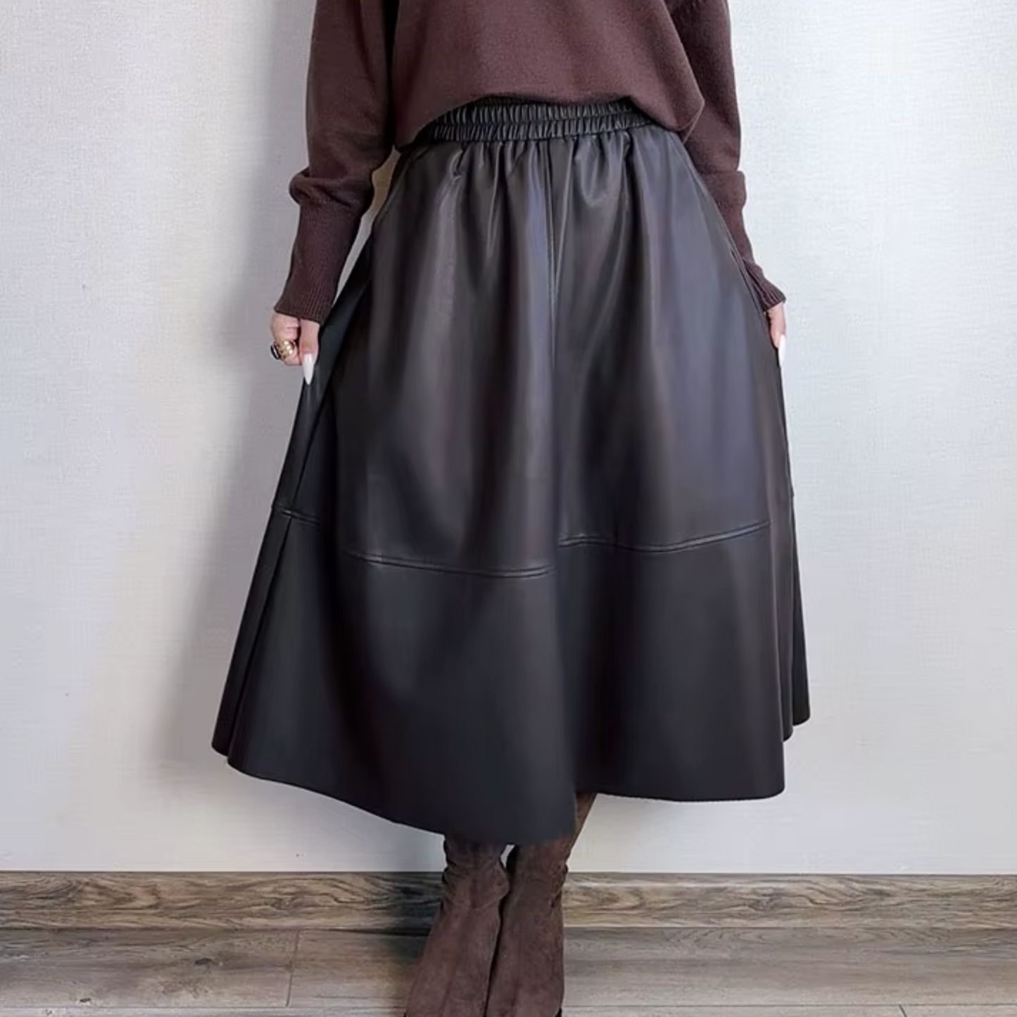 Faux Leather A-Line Midi Skirt with Pockets