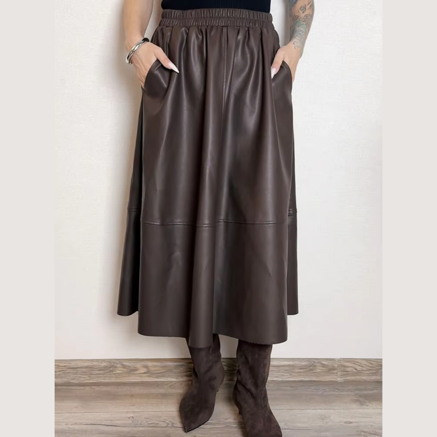 Faux Leather A-Line Midi Skirt with Pockets