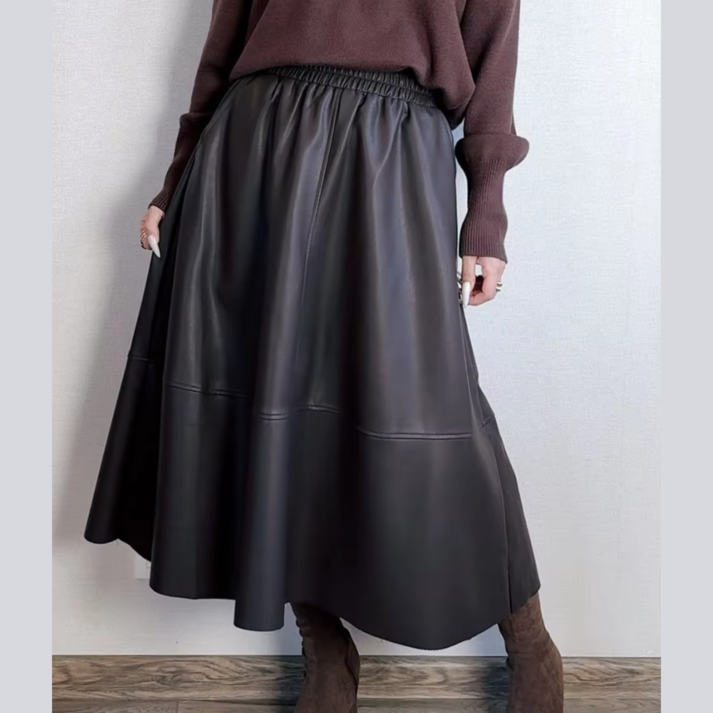 Faux Leather A-Line Midi Skirt with Pockets