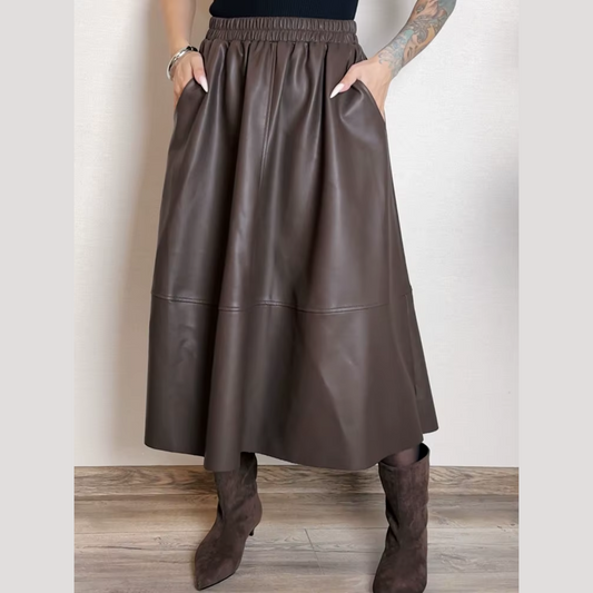 Faux Leather A-Line Midi Skirt with Pockets