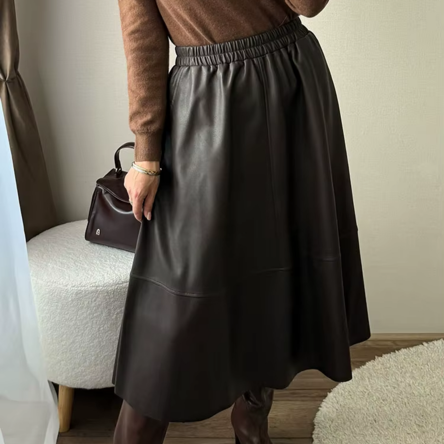 Faux Leather A-Line Midi Skirt with Pockets