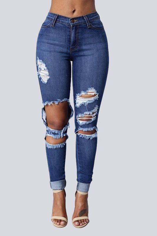 High Waist Jeans with Ripped Hips and Ankle Length