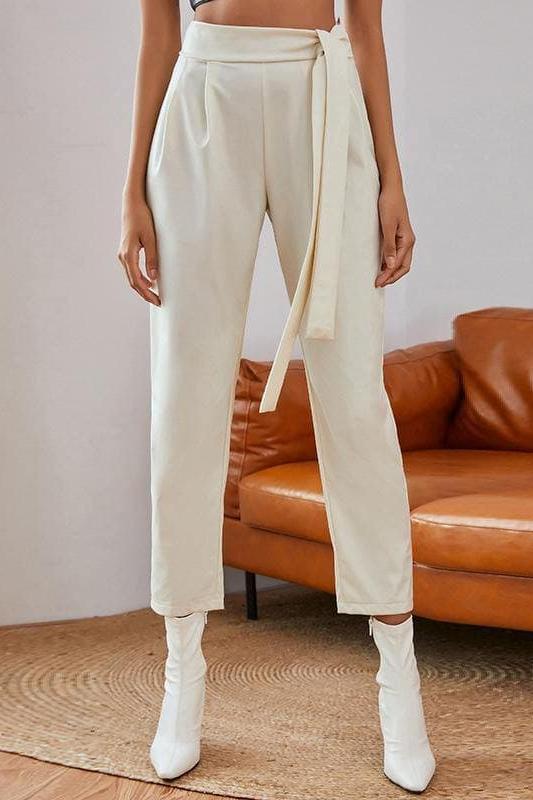 Knotted Belt White Lightweight Women Pants