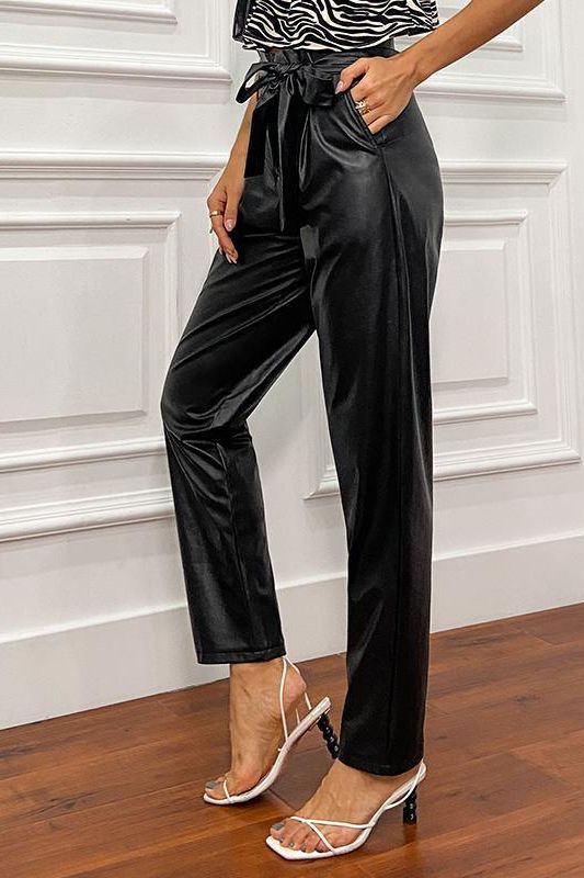 Paperbag Waist Belted PU Leather Pants