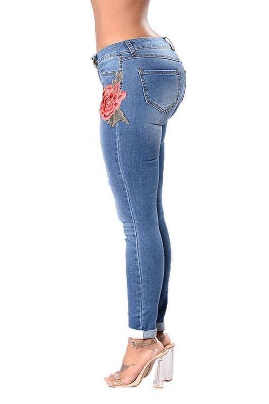 High-Waist Stretch Embroidered Ripped Jeans