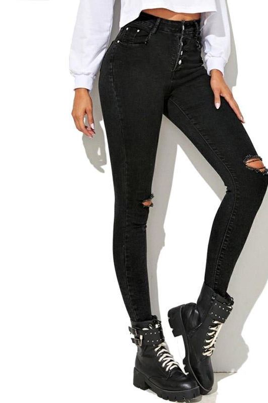 High Waist Skinny Jeans with Button Closure